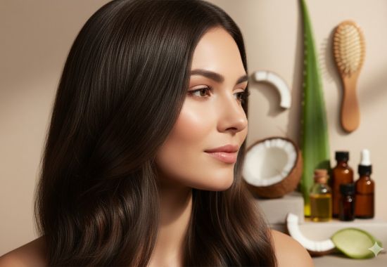 Woman with shiny, healthy hair looking sideways, showcasing a Healthy Hair Routine Guide with natural ingredients like coconut, aloe vera, oils, Tips & Recommended Products.