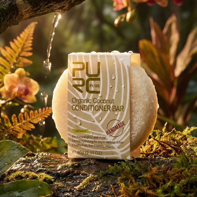 A round, light-colored conditioner bar rests on a white surface, adorned with small green leaves and delicate lavender sprigs. The bar has subtle indentations on its top surface.