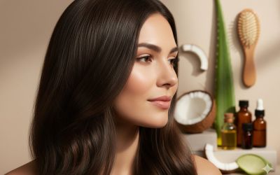 Woman with shiny, healthy hair looking sideways, showcasing a Healthy Hair Routine Guide with natural ingredients like coconut, aloe vera, oils, Tips & Recommended Products.