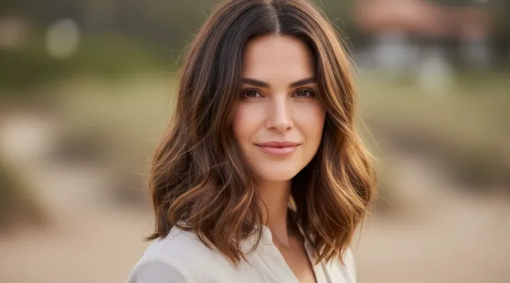 Smiling woman with healthy, shiny, medium-length brown hair, reflecting the benefits of natural hair products for dry hair.