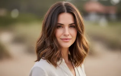 Smiling woman with healthy, shiny, medium-length brown hair, reflecting the benefits of natural hair products for dry hair.