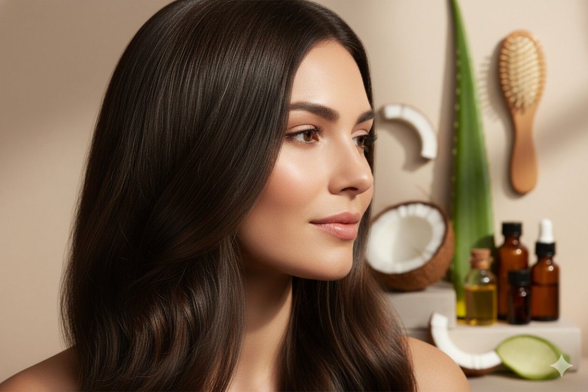 Woman with shiny, healthy hair looking sideways, showcasing a Healthy Hair Routine Guide with natural ingredients like coconut, aloe vera, oils, Tips & Recommended Products.