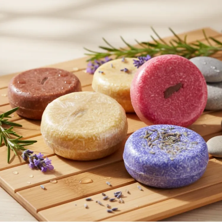 A collection of PURC Organics shampoo bars in various colors on a bamboo mat with lavender and rosemary sprigs.