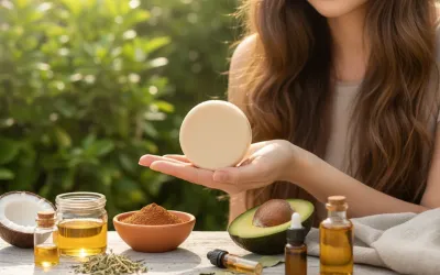 Woman holding a homemade shampoo bar, surrounded by natural ingredients like coconut oil, avocado, and herbs on a wooden table outdoors, illustrating easy Homemade Shampoo Bar Recipes for different hair types.