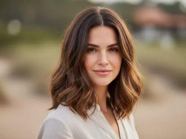 Smiling woman with healthy, shiny, medium-length brown hair, reflecting the benefits of natural hair products for dry hair.