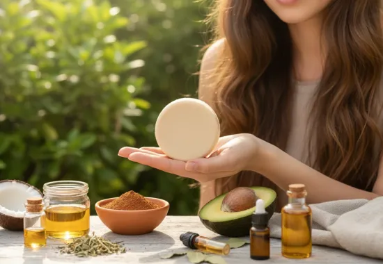Woman holding a homemade shampoo bar, surrounded by natural ingredients like coconut oil, avocado, and herbs on a wooden table outdoors, illustrating easy Homemade Shampoo Bar Recipes for different hair types.
