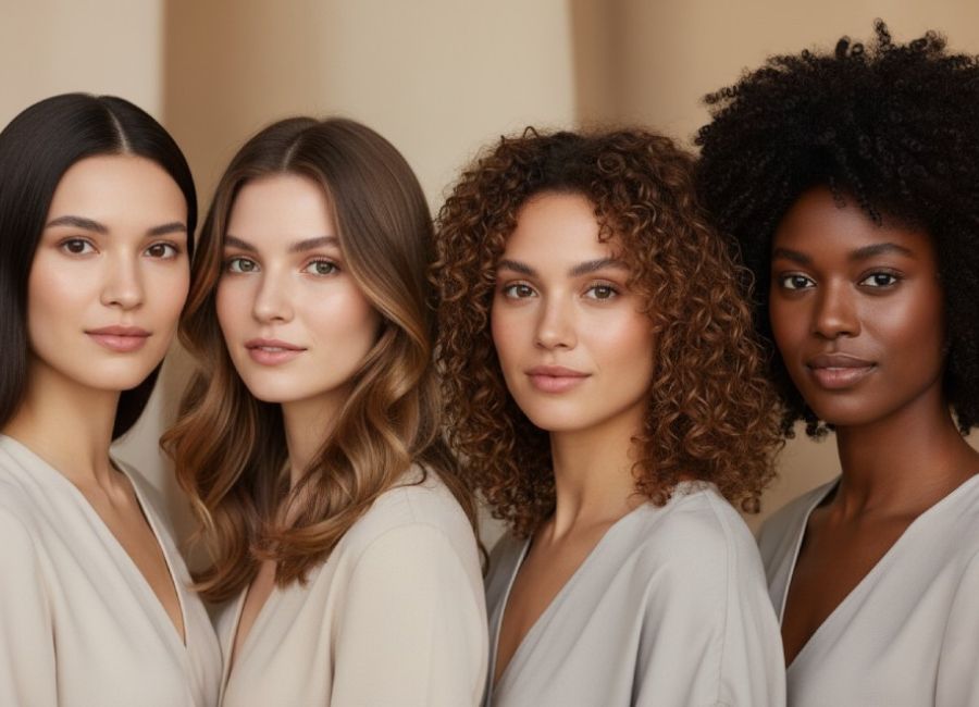 Diverse group of women with various healthy hair types and skin tones, representing inclusivity in hair care for PURC Organics.