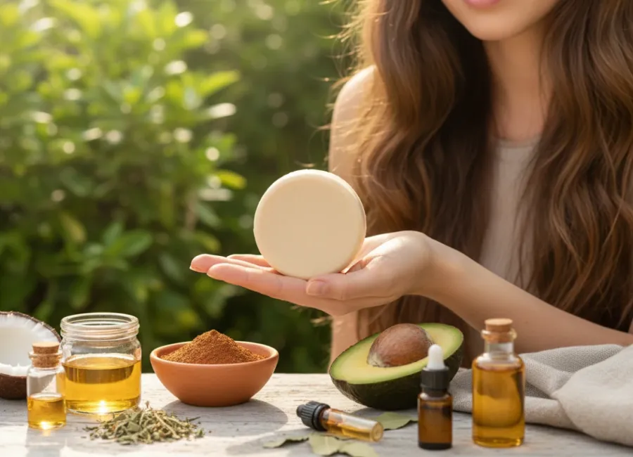 Woman holding a homemade shampoo bar, surrounded by natural ingredients like coconut oil, avocado, and herbs on a wooden table outdoors, illustrating easy Homemade Shampoo Bar Recipes for different hair types.