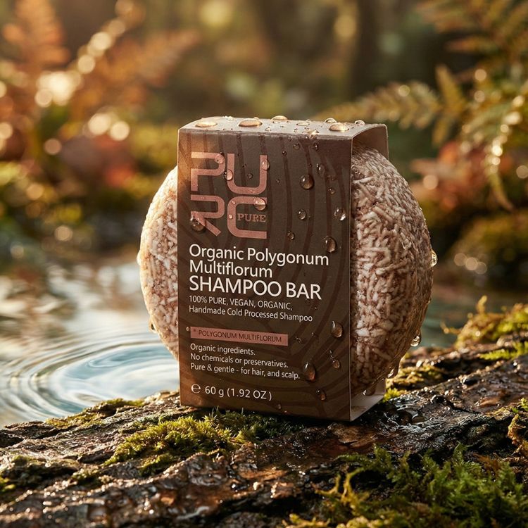 A collection of PURC Organics shampoo bars in various colors on a bamboo mat with lavender and rosemary sprigs.