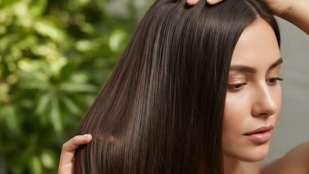 A woman with long, shiny, healthy dark hair gently touches her scalp and hair, demonstrating the results of good hair care, set against a soft focus green background.