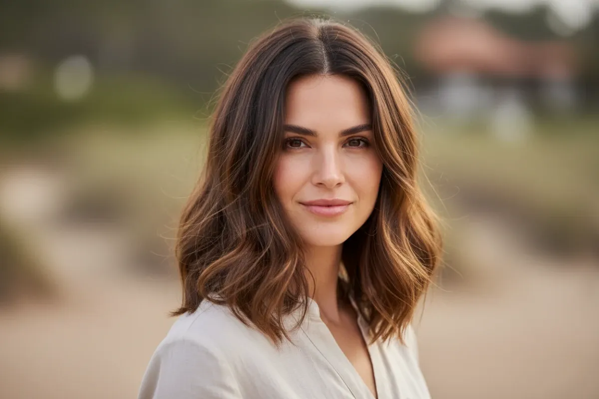 Smiling woman with healthy, shiny, medium-length brown hair, reflecting the benefits of natural hair products for dry hair.