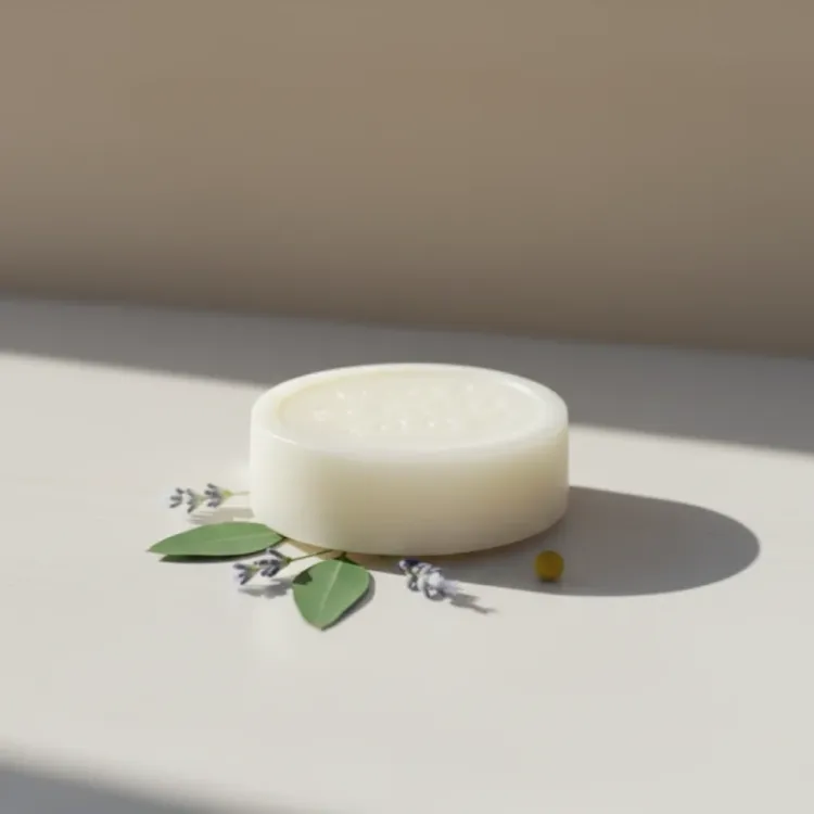 A round, light-colored conditioner bar rests on a white surface, adorned with small green leaves and delicate lavender sprigs. The bar has subtle indentations on its top surface.
