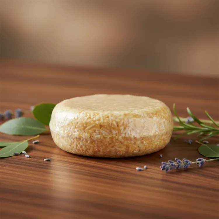 A collection of PURC Organics shampoo bars in various colors on a bamboo mat with lavender and rosemary sprigs.
