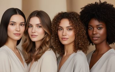 Diverse group of women with various healthy hair types and skin tones, representing inclusivity in hair care for PURC Organics.