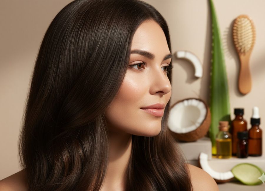 Woman with shiny, healthy hair looking sideways, showcasing a Healthy Hair Routine Guide with natural ingredients like coconut, aloe vera, oils, Tips & Recommended Products.
