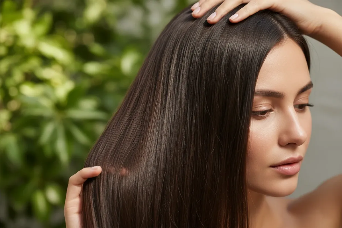 A woman with long, shiny, healthy dark hair gently touches her scalp and hair, demonstrating the results of good hair care, set against a soft focus green background.