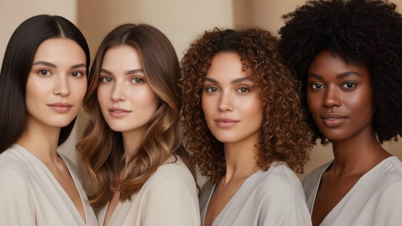 Diverse group of women with various healthy hair types and skin tones, representing inclusivity in hair care for PURC Organics.