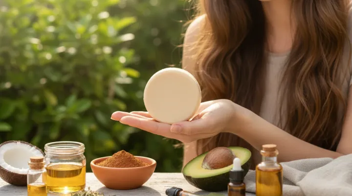 Woman holding a homemade shampoo bar, surrounded by natural ingredients like coconut oil, avocado, and herbs on a wooden table outdoors, illustrating easy Homemade Shampoo Bar Recipes for different hair types.
