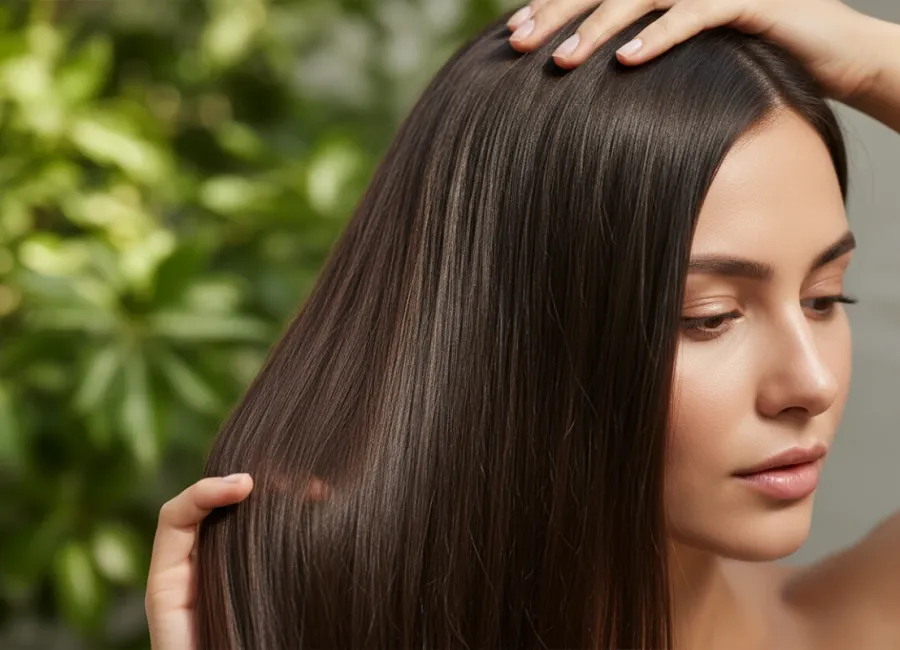 A woman with long, shiny, healthy dark hair gently touches her scalp and hair, demonstrating the results of good hair care, set against a soft focus green background.
