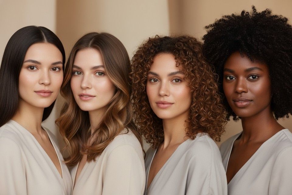 Diverse group of women with various healthy hair types and skin tones, representing inclusivity in hair care for PURC Organics.