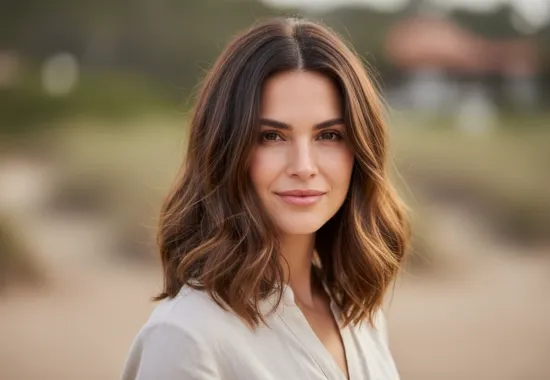 Smiling woman with healthy, shiny, medium-length brown hair, reflecting the benefits of natural hair products for dry hair.