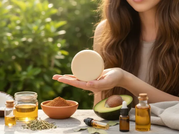 Woman holding a homemade shampoo bar, surrounded by natural ingredients like coconut oil, avocado, and herbs on a wooden table outdoors, illustrating easy Homemade Shampoo Bar Recipes for different hair types.