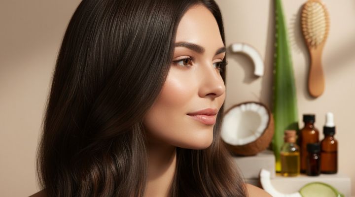 Woman with shiny, healthy hair looking sideways, showcasing a Healthy Hair Routine Guide with natural ingredients like coconut, aloe vera, oils, Tips & Recommended Products.