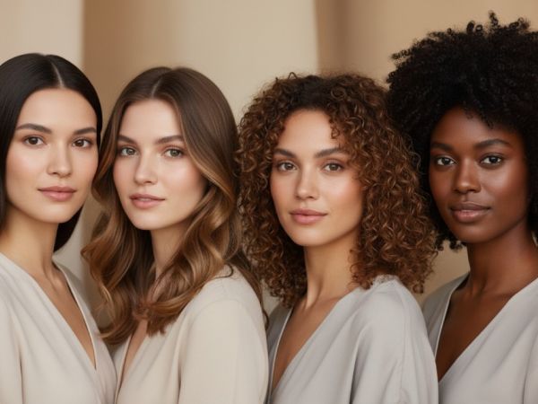 Diverse group of women with various healthy hair types and skin tones, representing inclusivity in hair care for PURC Organics.