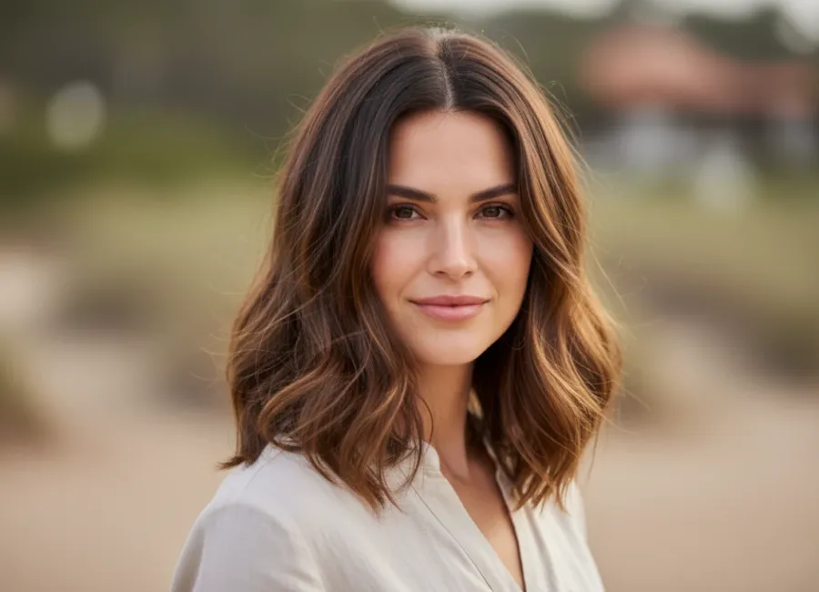 Smiling woman with healthy, shiny, medium-length brown hair, reflecting the benefits of natural hair products for dry hair.