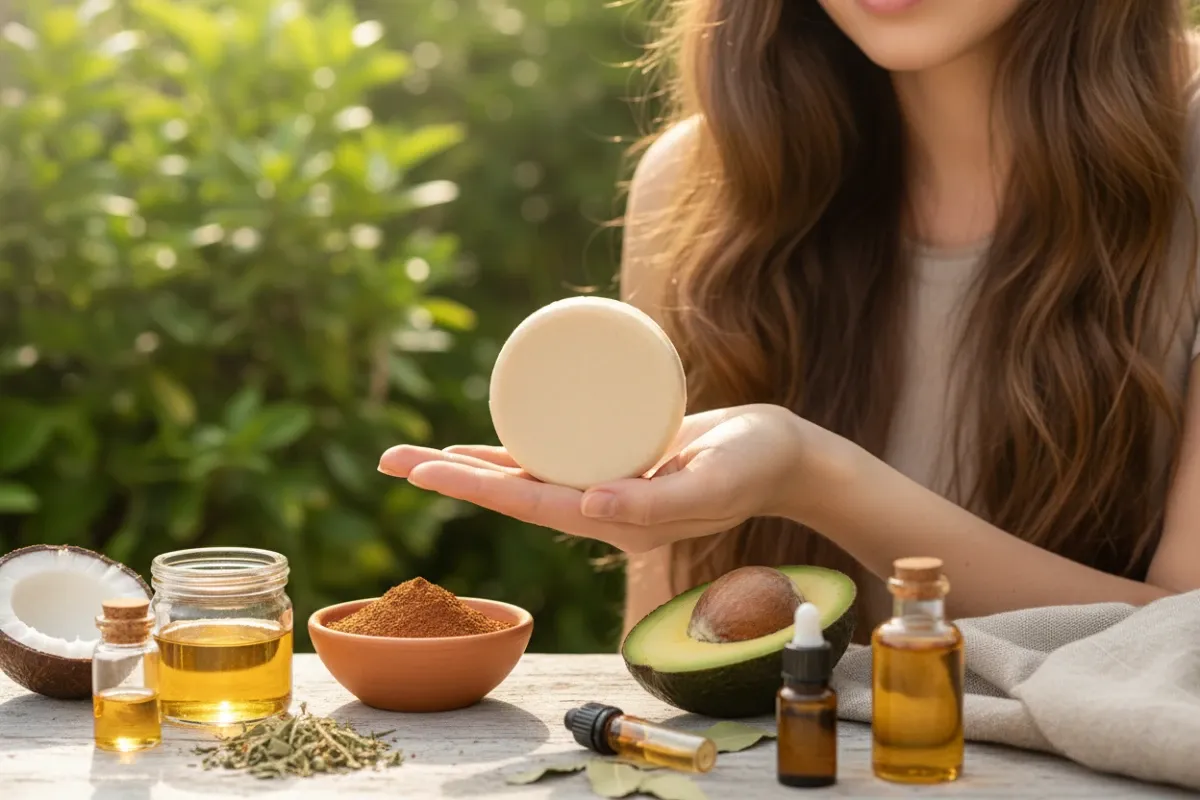 Woman holding a homemade shampoo bar, surrounded by natural ingredients like coconut oil, avocado, and herbs on a wooden table outdoors, illustrating easy Homemade Shampoo Bar Recipes for different hair types.