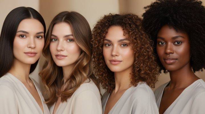 Diverse group of women with various healthy hair types and skin tones, representing inclusivity in hair care for PURC Organics.