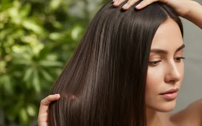 A woman with long, shiny, healthy dark hair gently touches her scalp and hair, demonstrating the results of good hair care, set against a soft focus green background.
