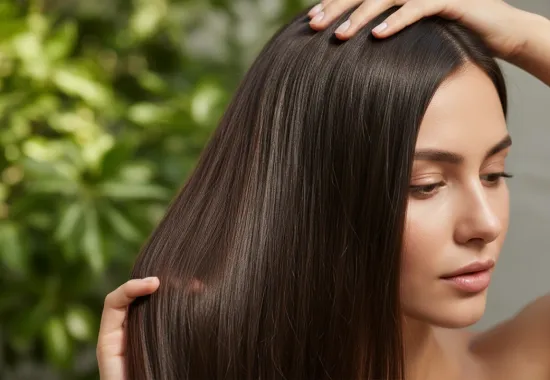 A woman with long, shiny, healthy dark hair gently touches her scalp and hair, demonstrating the results of good hair care, set against a soft focus green background.