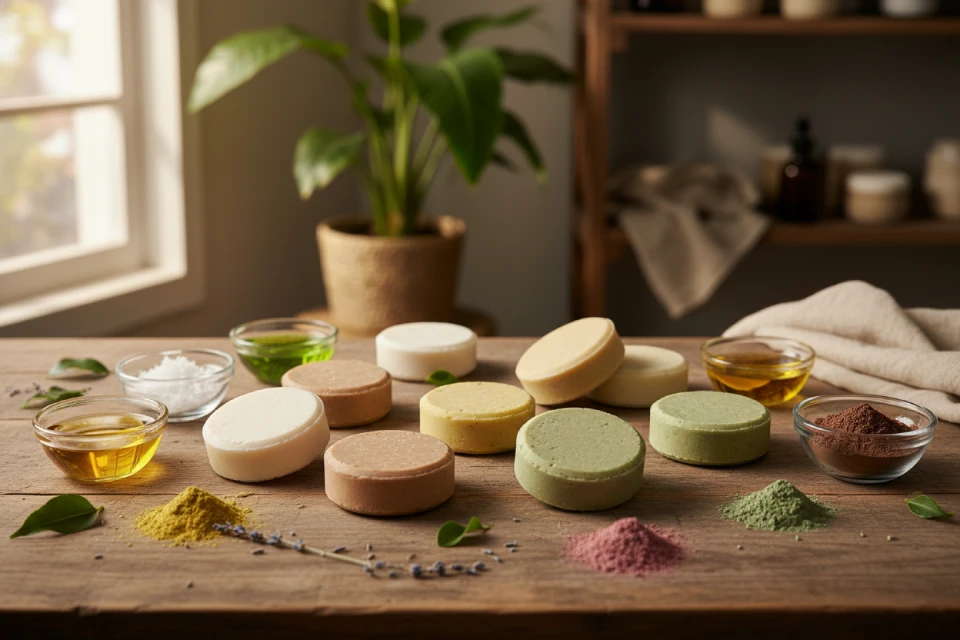 Homemade shampoo bars with natural ingredients, oils, and botanical powders on a rustic wooden surface, ideal for various hair types.