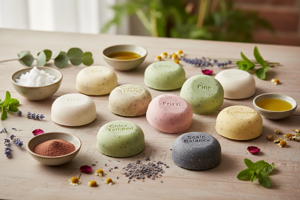 Collection of homemade shampoo bars for different hair concerns (dry, oily, frizzy, damaged) with essential oils and botanicals, perfect for targeted hair types.