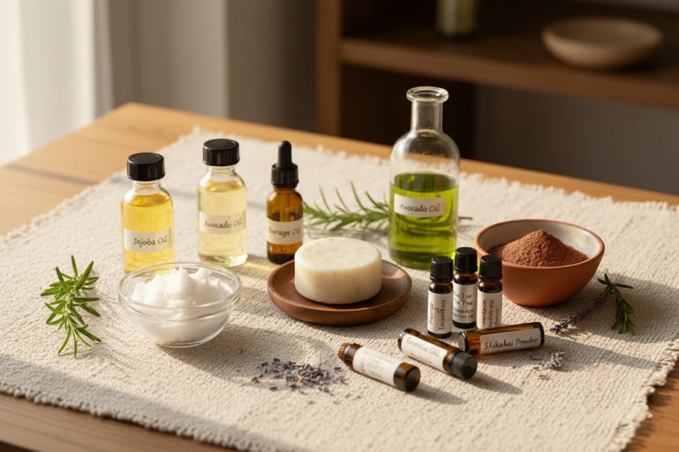 Natural oils (jojoba, avocado, borage) and shikakai powder displayed with a homemade shampoo bar, highlighting key ingredients for healthy hair.