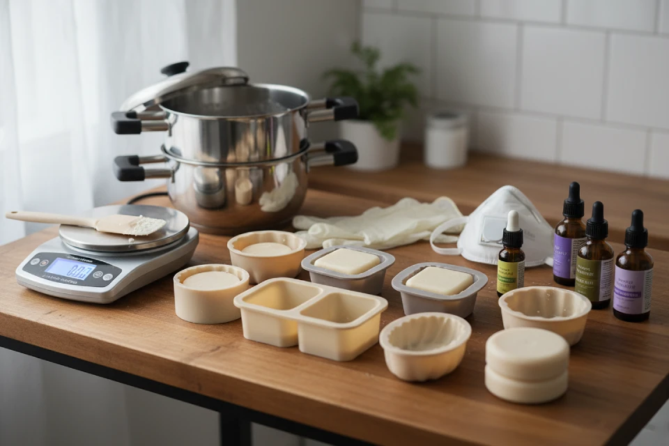 Shampoo bar making ingredients and molds on a wooden counter, showing the equipment for creating homemade hair care products.
