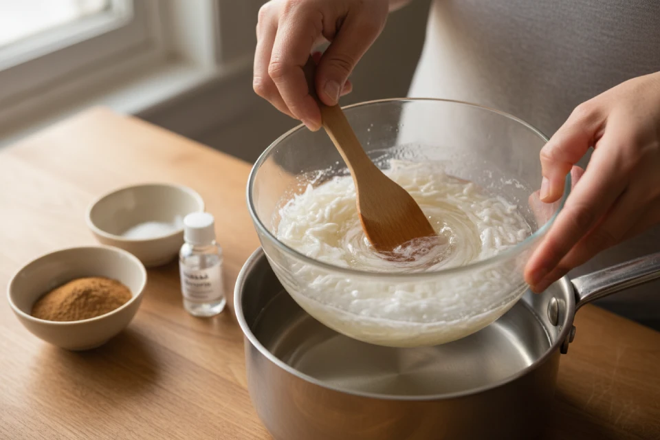 Hands stirring a natural shampoo bar mixture in a glass bowl over a double boiler, demonstrating the DIY process for hair care.