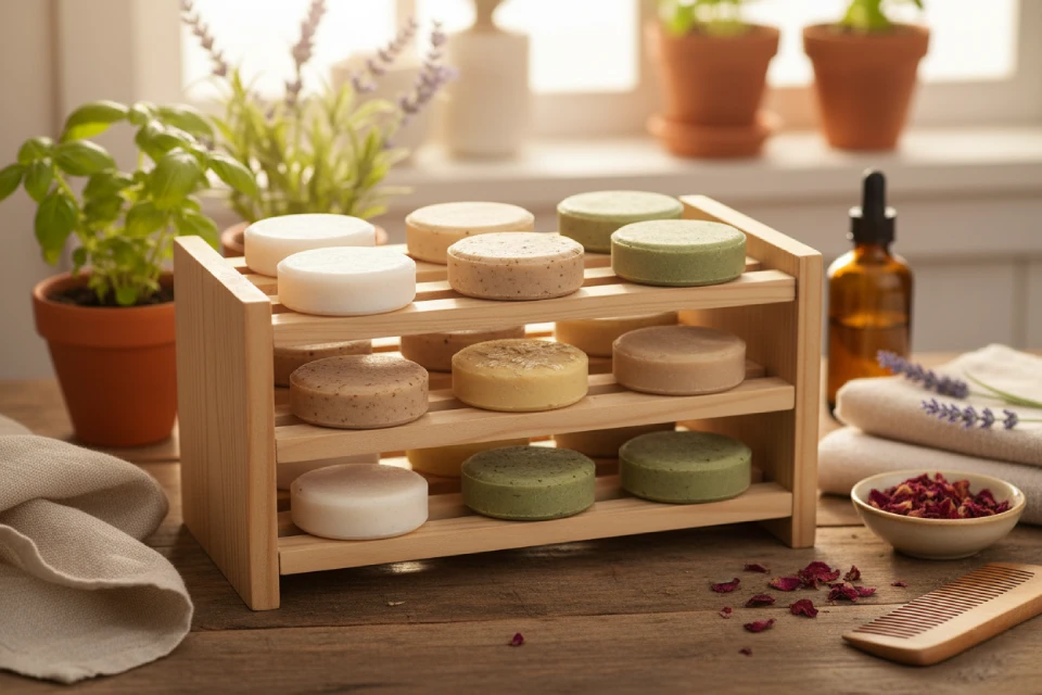Display of assorted homemade shampoo bars on a wooden shelf, next to fresh lavender and a wooden comb, emphasizing natural hair care.