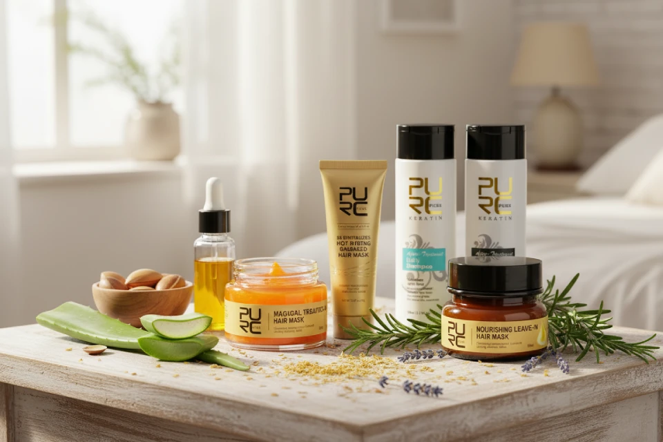 Selection of PURC Organics natural hair care products for dry hair, including shampoo, conditioner, hair masks, and argan oil, with aloe vera and almonds for hydration.