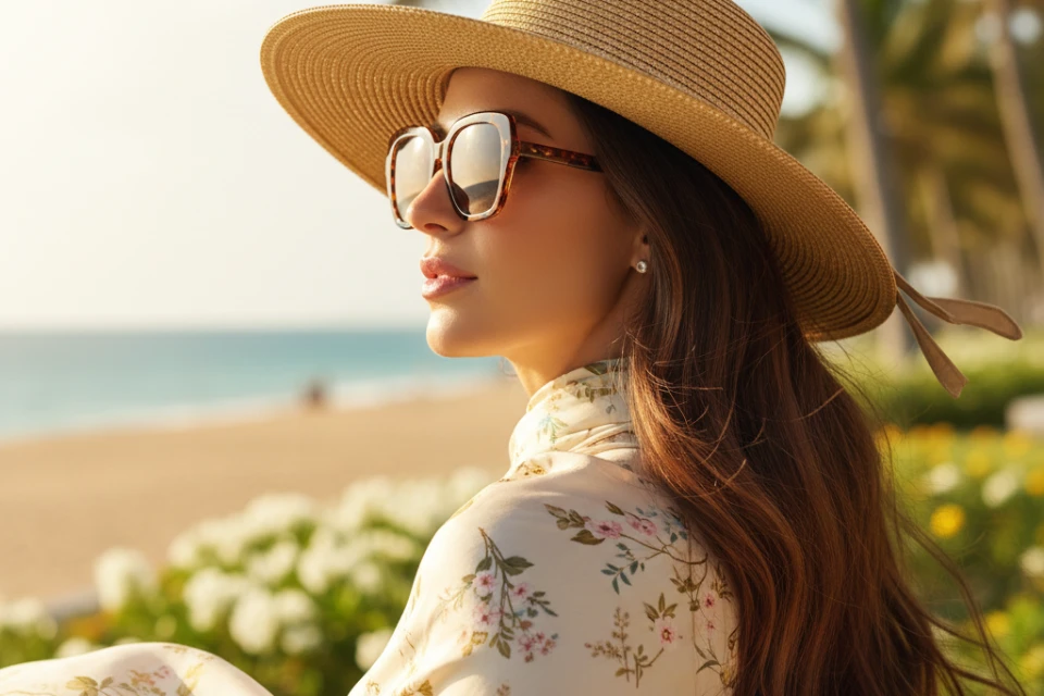 Woman wearing a straw hat and sunglasses on a sunny beach, protecting her hair from sun damage.