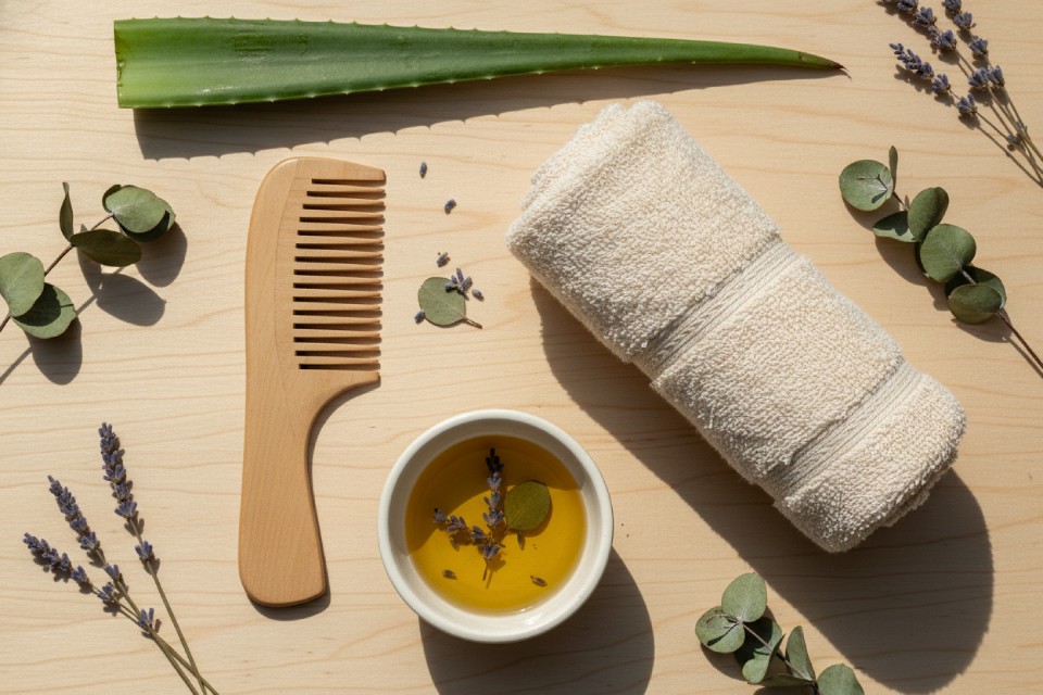 Overhead view of a wooden comb, rolled towel, aloe leaf, and lavender, symbolizing natural hair care with PURC Organics essentials.