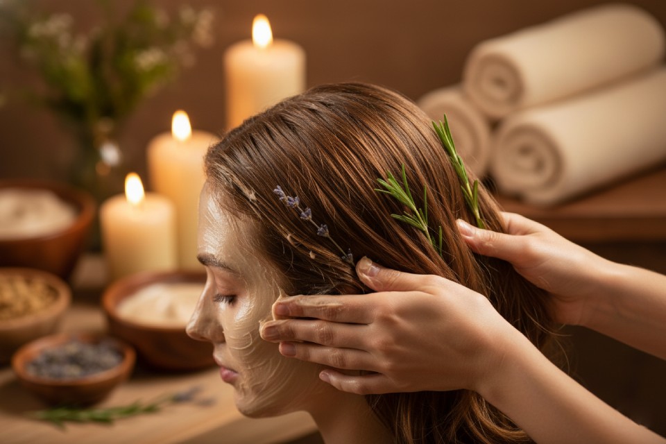 Woman receiving a relaxing hair and face treatment with natural ingredients and herbs, highlighting spa experience with PURC Organics products.