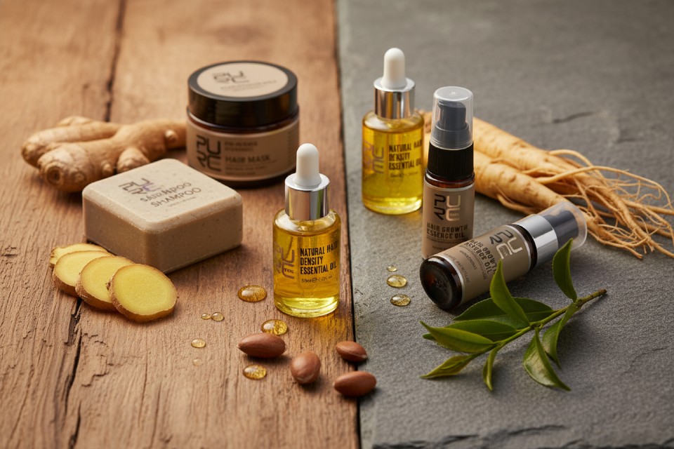 PURC Organics natural hair care products featuring ginger, ginseng, and argan oil for growth and density, including shampoo, mask, and essential oils.