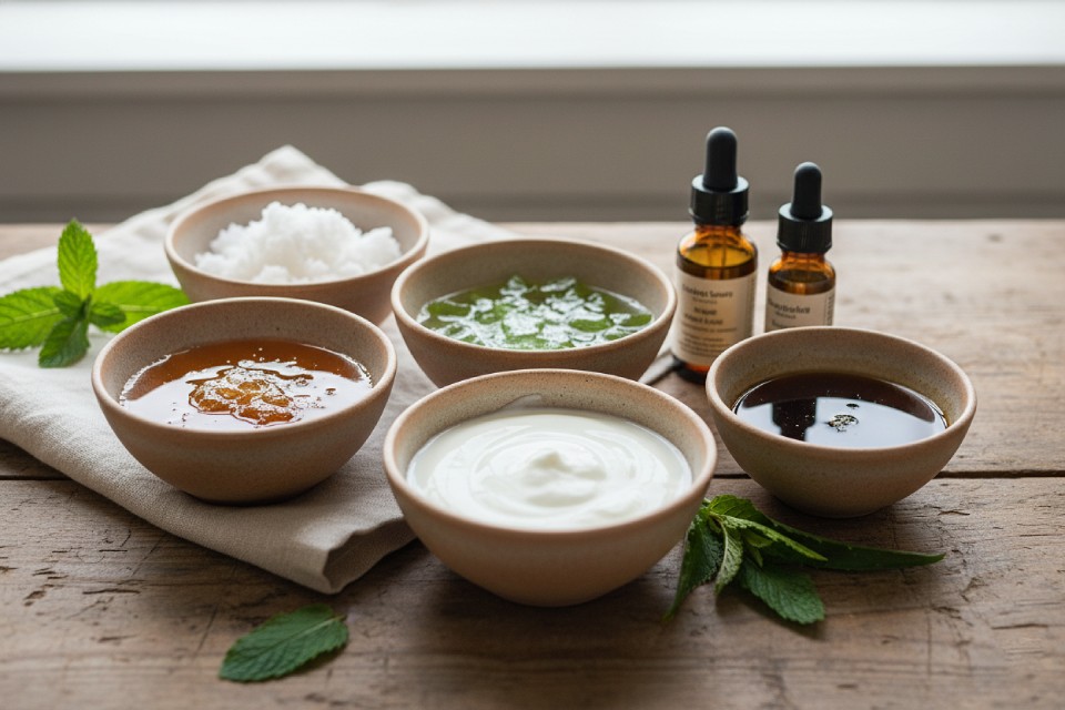 Natural hair care ingredients like coconut oil, honey, aloe vera, and mint for a healthy scalp and strong hair.