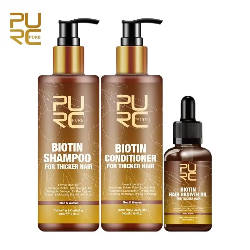 PURC Biotin Shampoo, Conditioner, and Hair Growth Oil combo for thicker, stronger hair, promoting density and preventing hair loss.